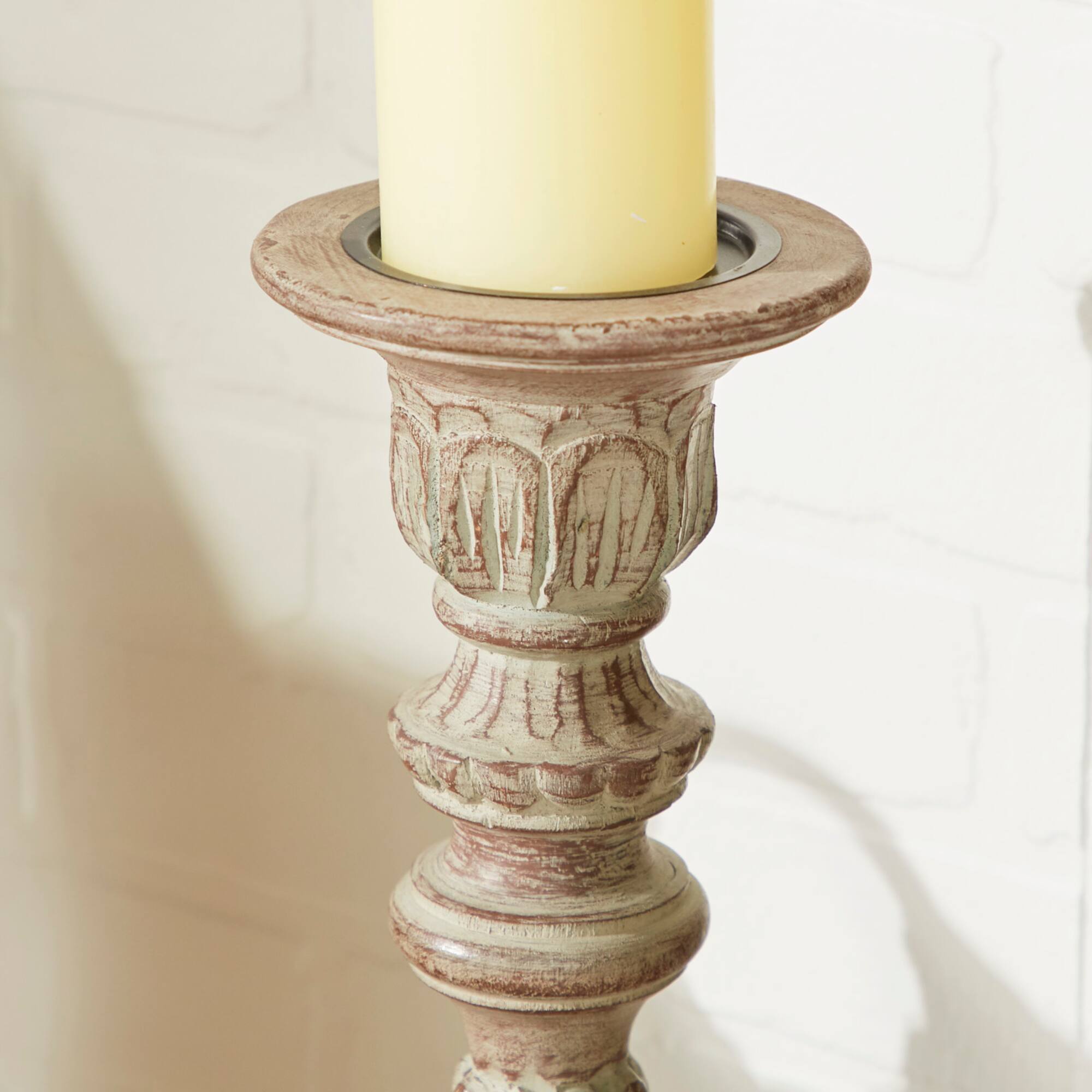 Brown Mango Wood Traditional Pillar Candle Holder Set